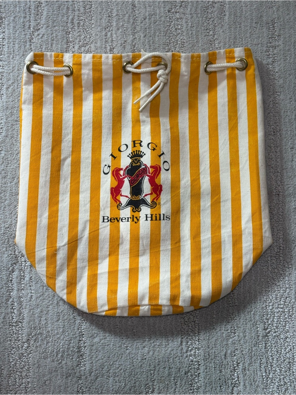 VTG Giorgio Beverly Hills Yellow White Stripe Canvas Drawstring Bucket Bag 80’s